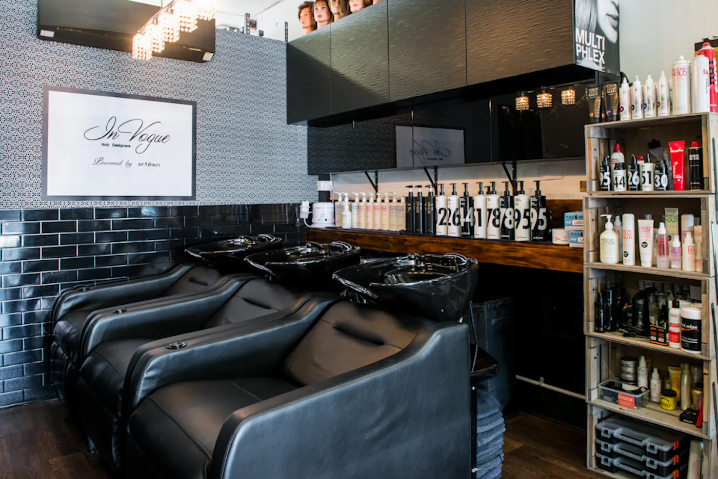 Wash lounge and product shelves inside InVogue